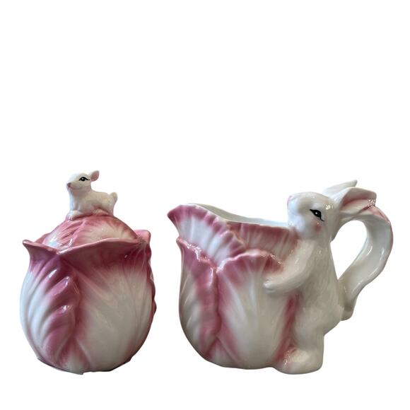 Corner Ruby Spring Collection Pink Cabbage & Bunny Creamer & Sugar Bowl New - Picture 11 of 16